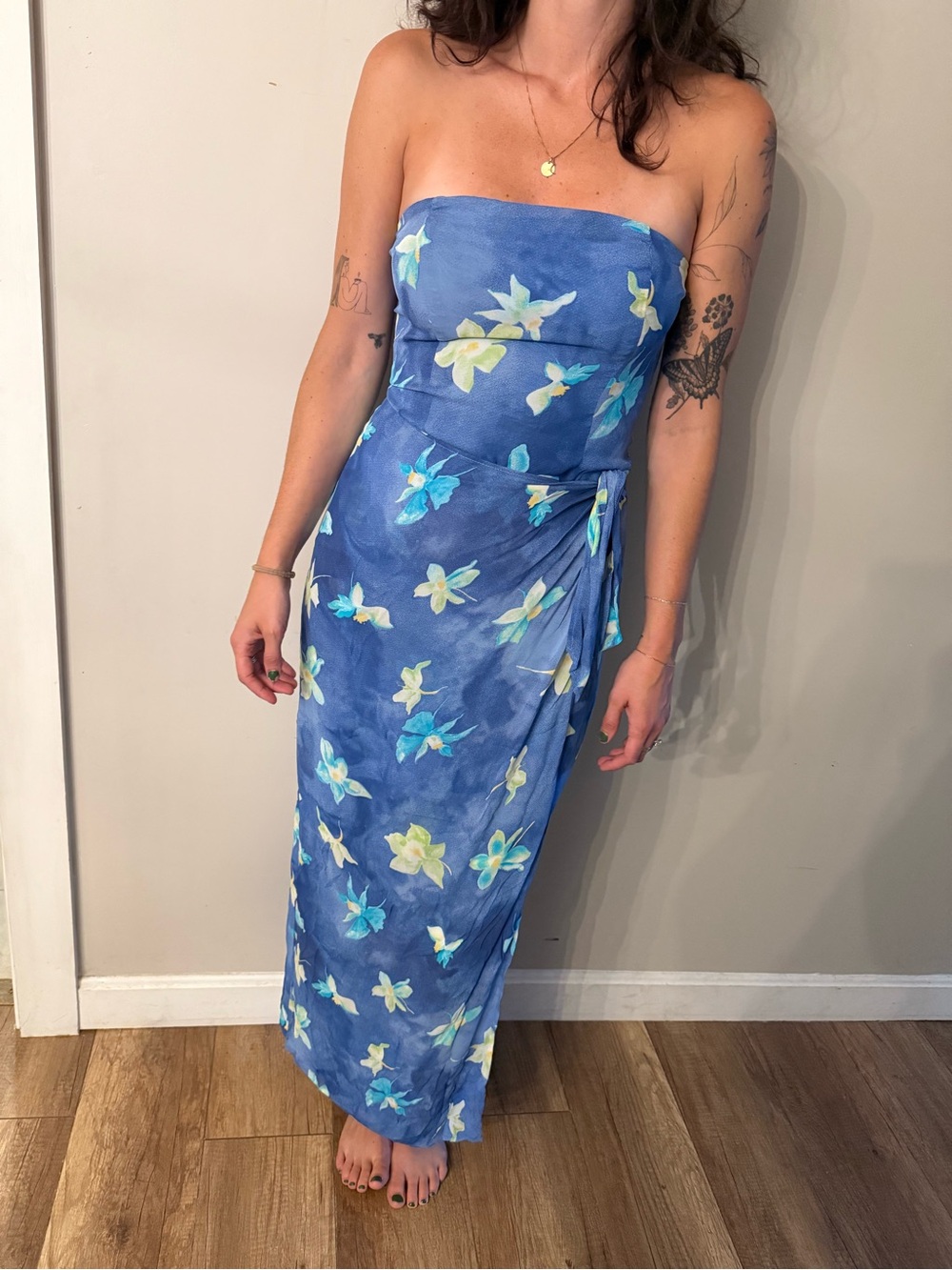 Hugo Buscati Strapless Blue Floral Maxi Dress